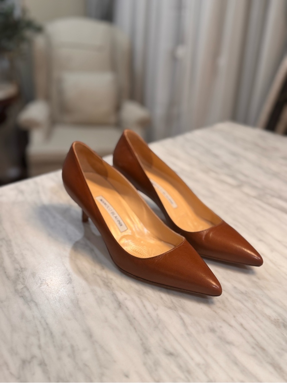 Manolo Blahnik BB 50mm Pointed-Toe Leather Low Heels Cognac